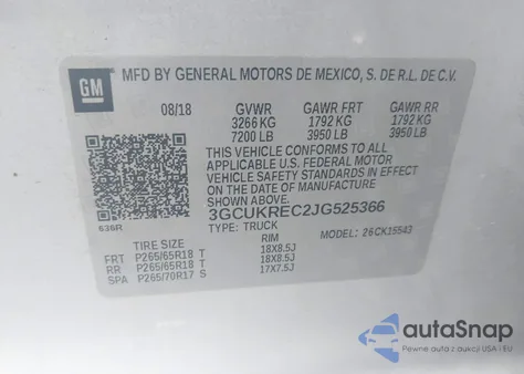 2018 Chevrolet Silverado 1500 2Lt из США, поврежденный, VIN 3GCUKREC2JG525366